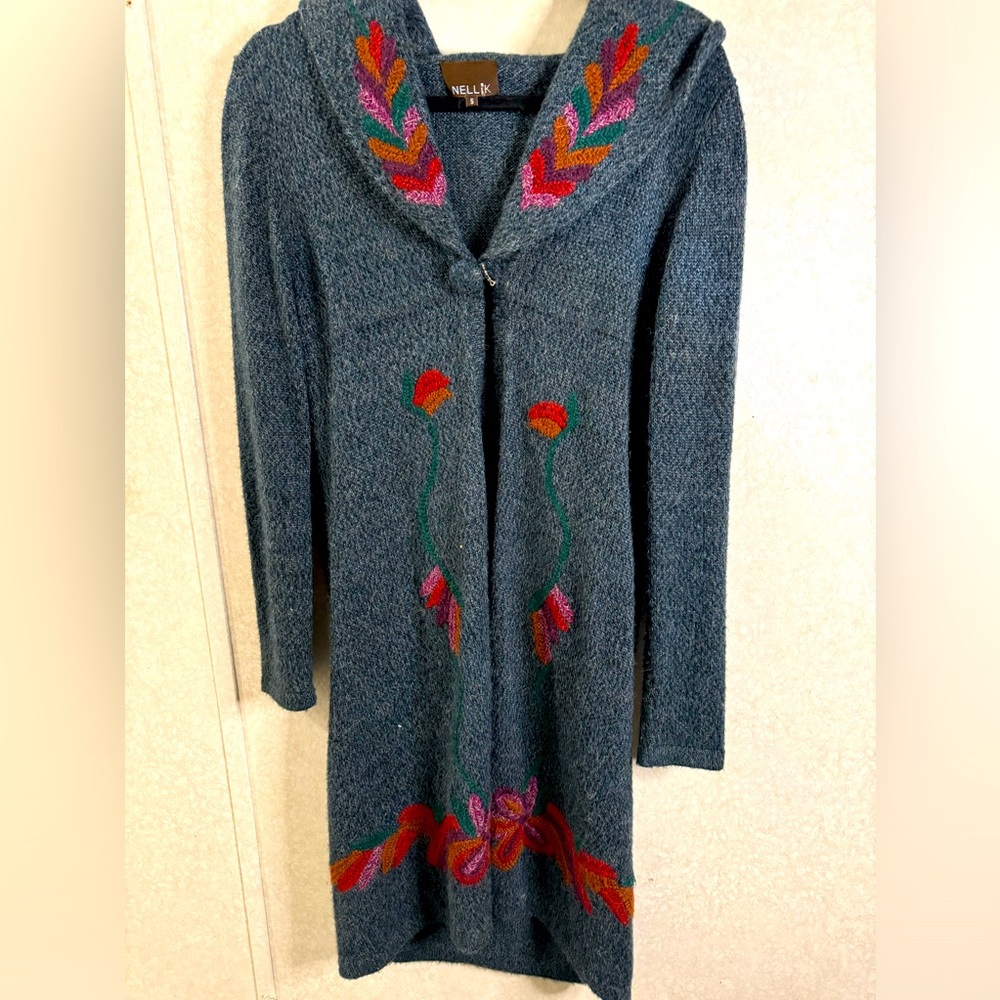 Nellik Woman’s S Long Cardigan Alpaca Lana Blend Floral Embroidered Art To Wear